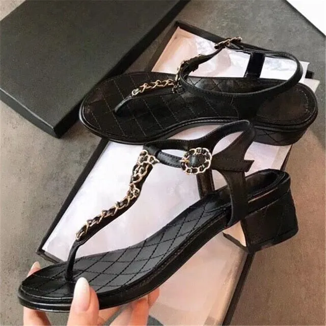 New Summer Sweet Women's Sandals Classic Chain Low Heels Women's Shoes Office/Outside Soft Comfortable Ladies Casual Shoes