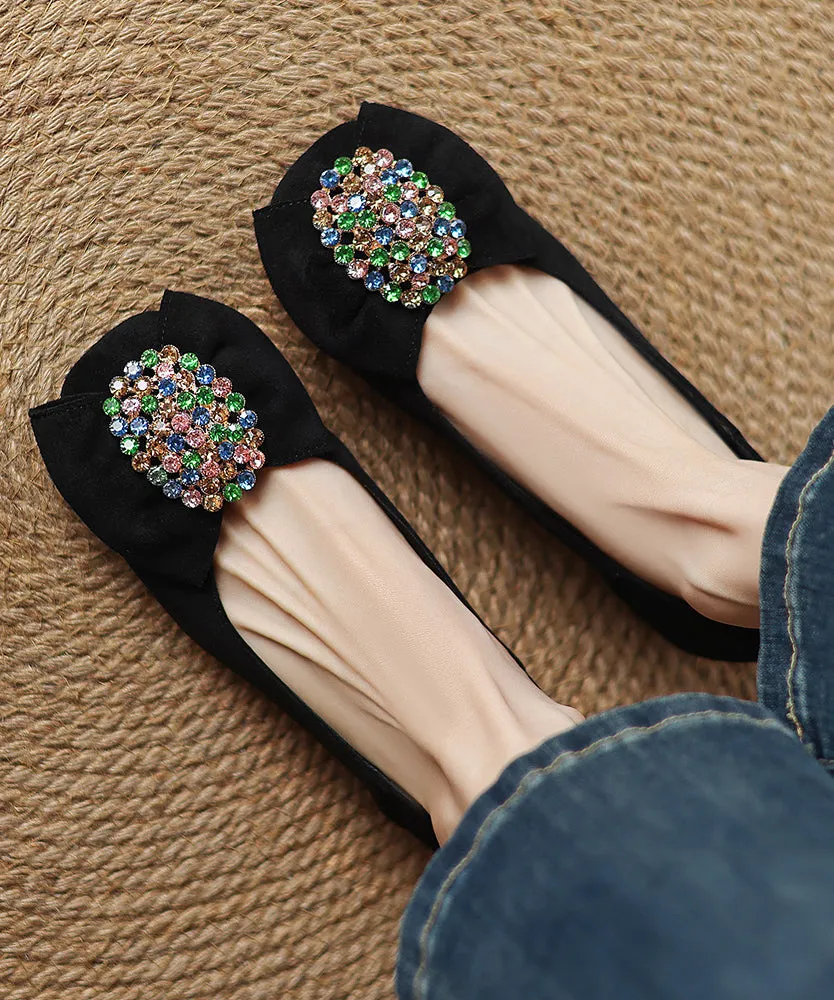Penny Suede Comfy Loafers Splicing Zircon Black Bow