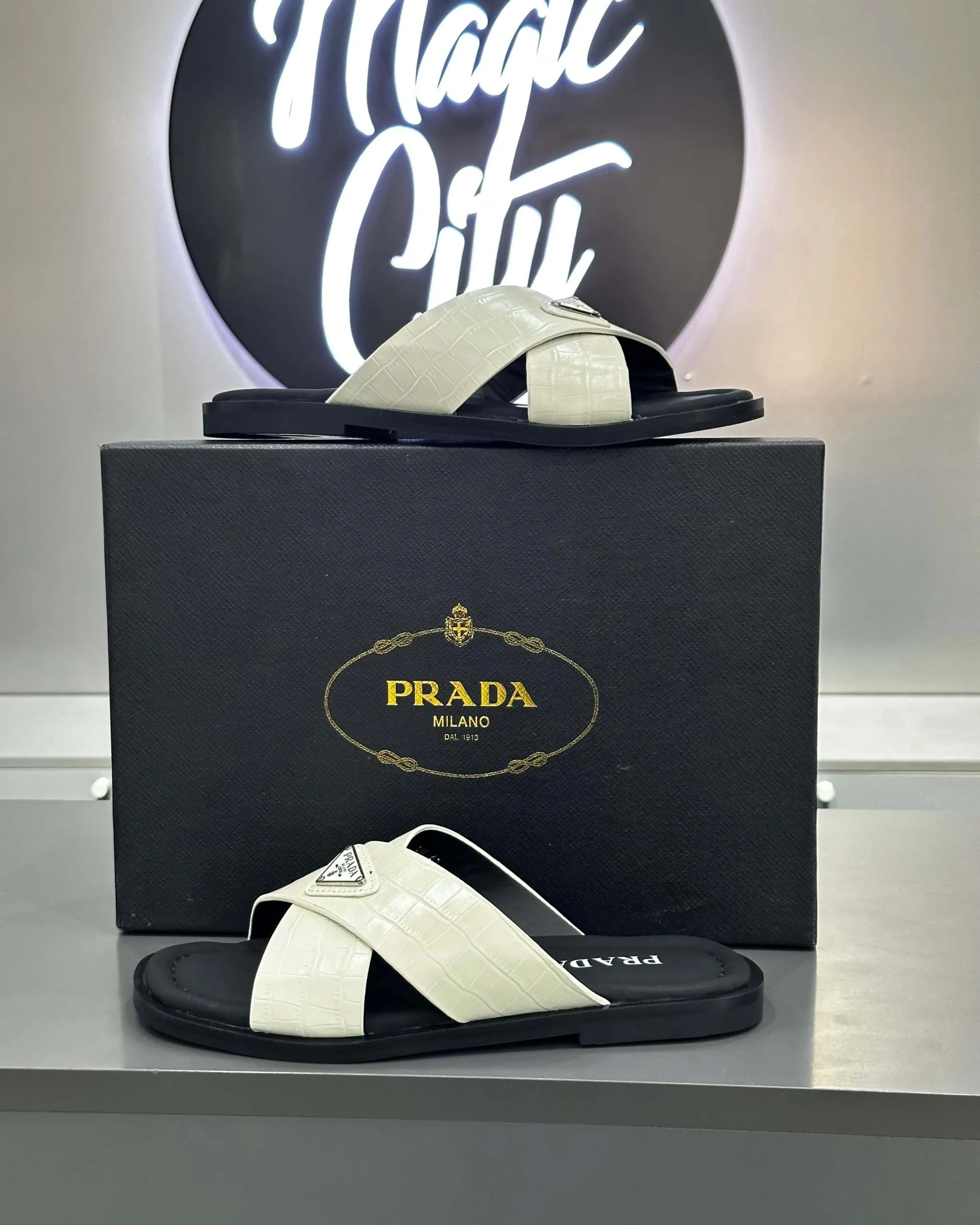 PRĄDA Marble White Crocodile Leather Crisscross Sandals