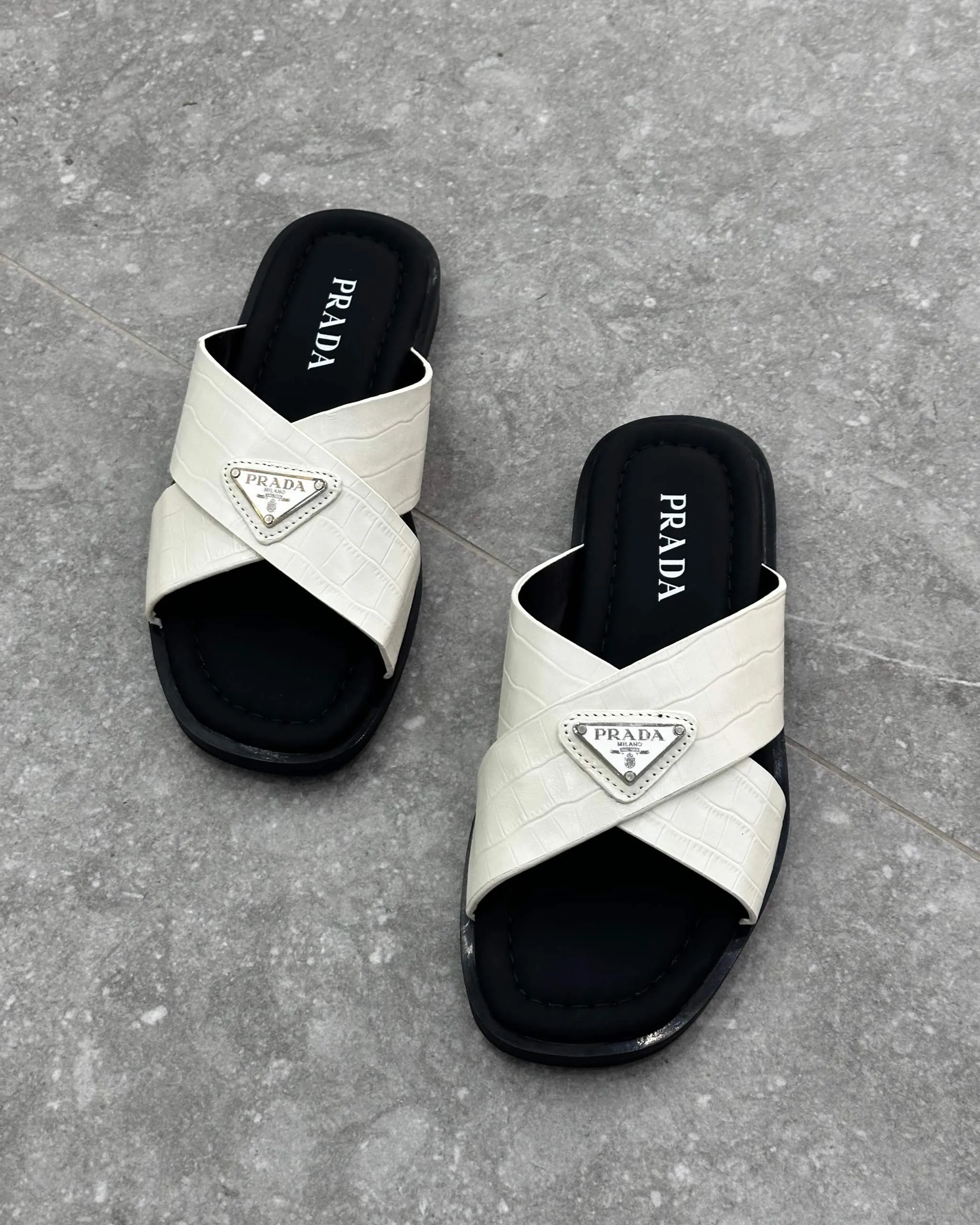 PRĄDA Marble White Crocodile Leather Crisscross Sandals