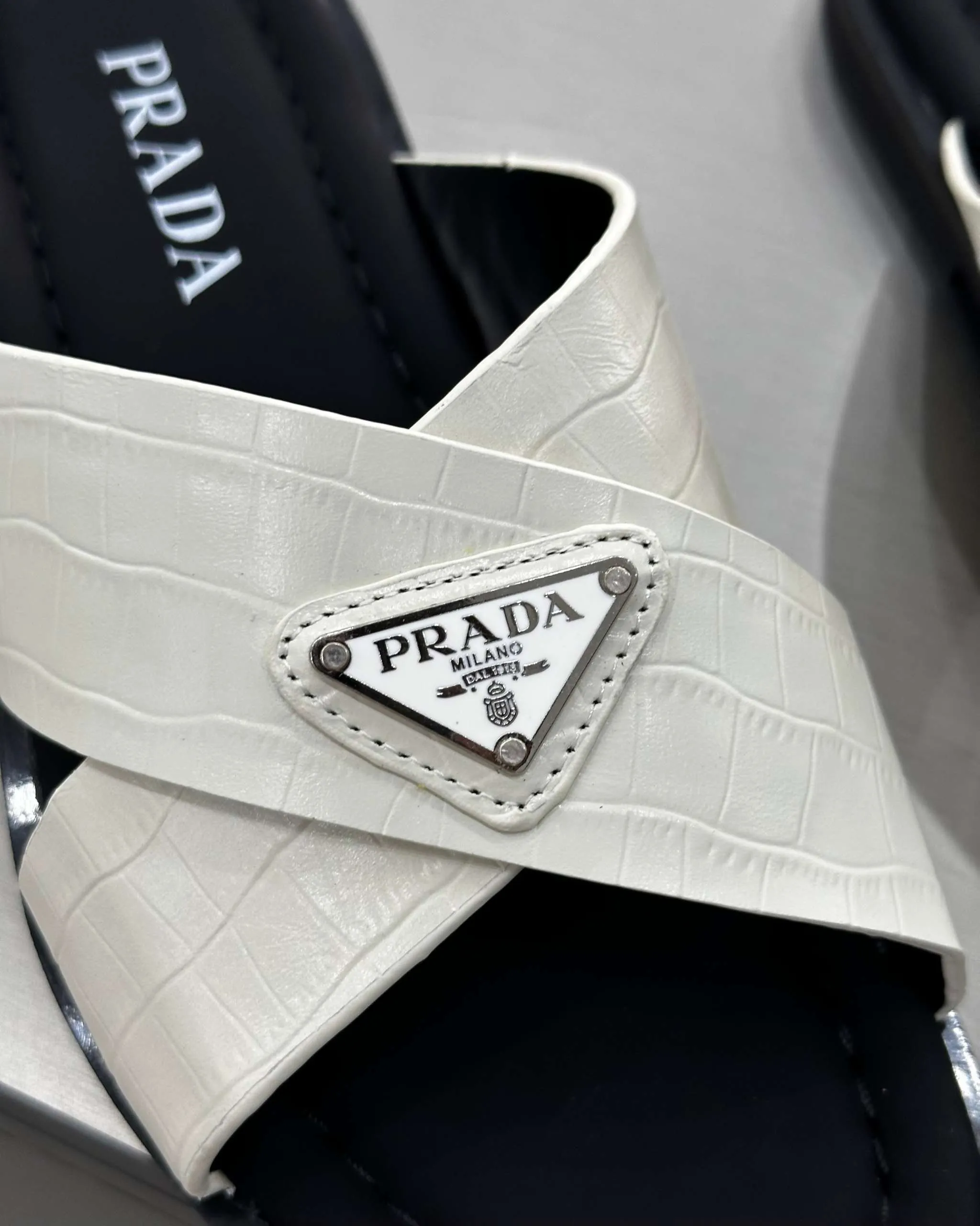PRĄDA Marble White Crocodile Leather Crisscross Sandals