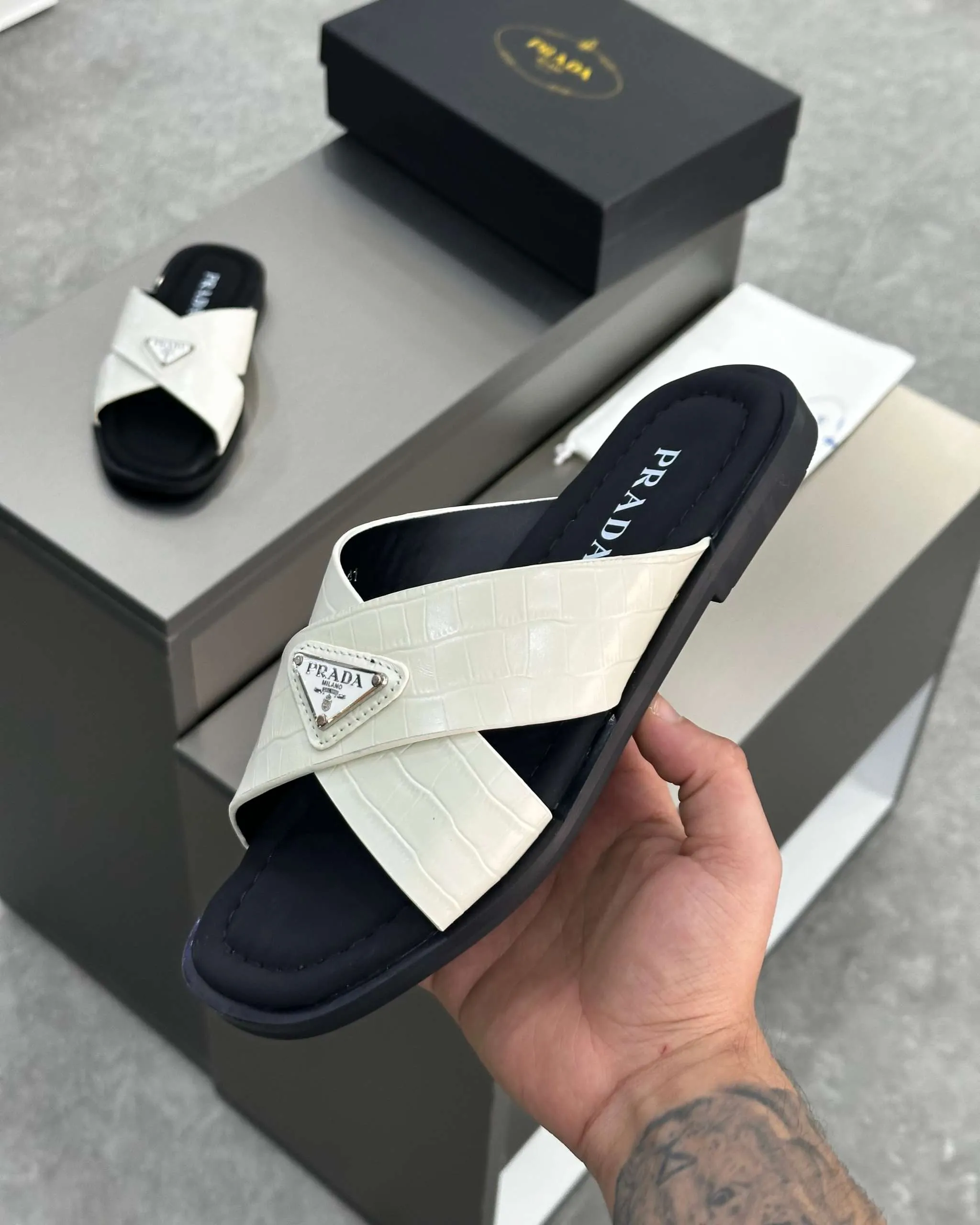 PRĄDA Marble White Crocodile Leather Crisscross Sandals