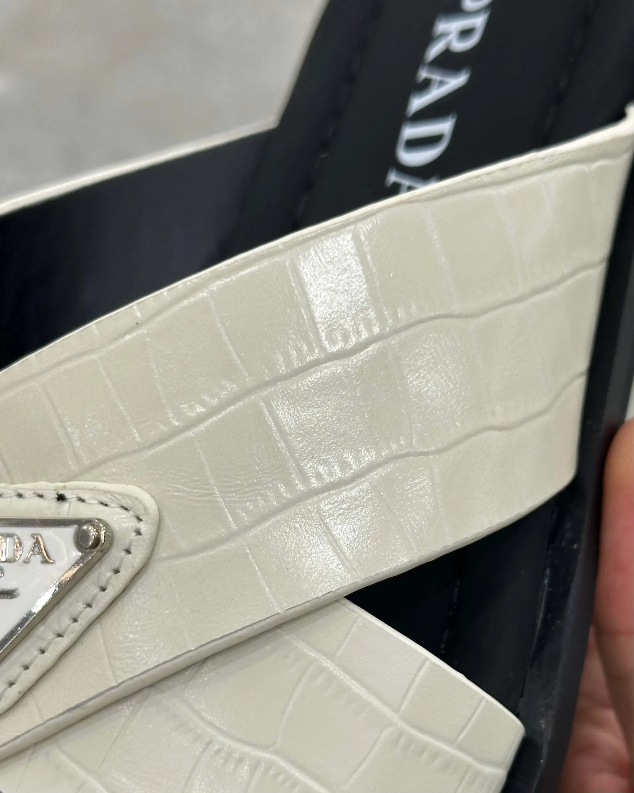 PRĄDA Marble White Crocodile Leather Crisscross Sandals