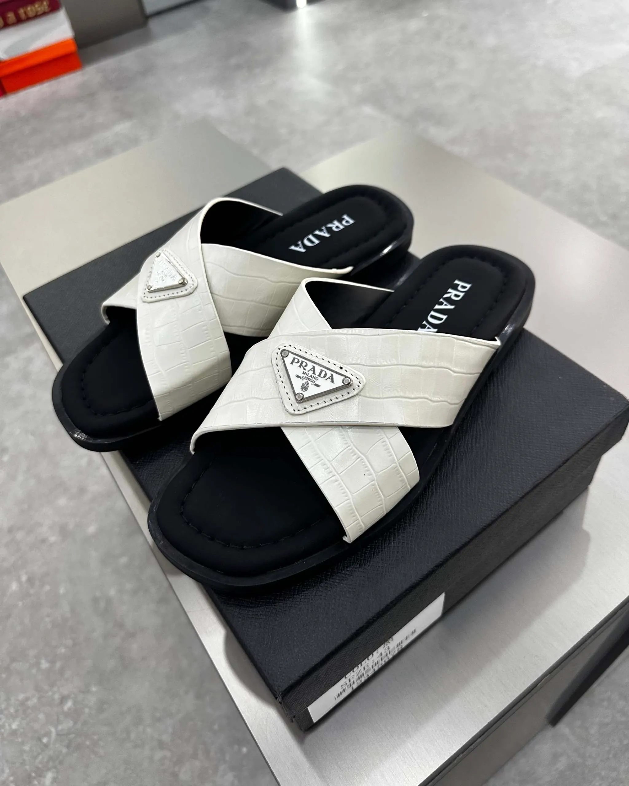 PRĄDA Marble White Crocodile Leather Crisscross Sandals