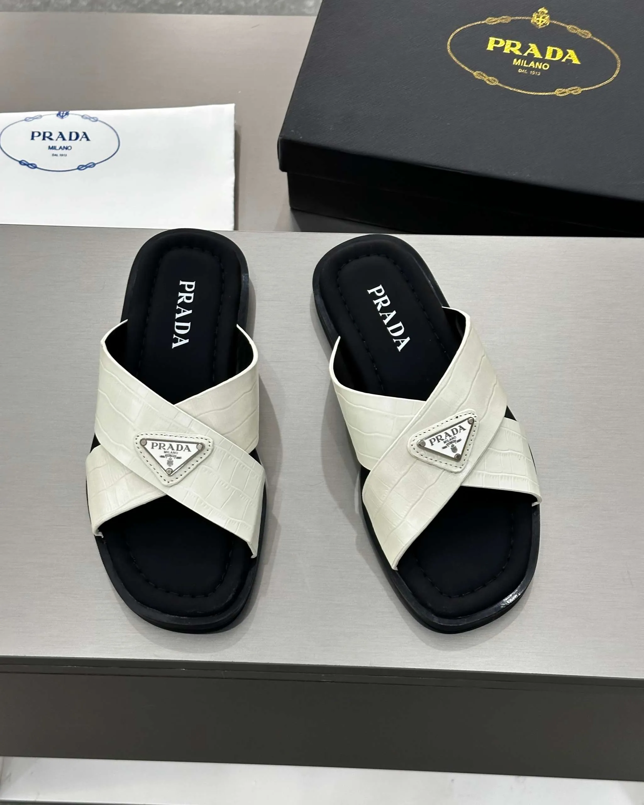 PRĄDA Marble White Crocodile Leather Crisscross Sandals