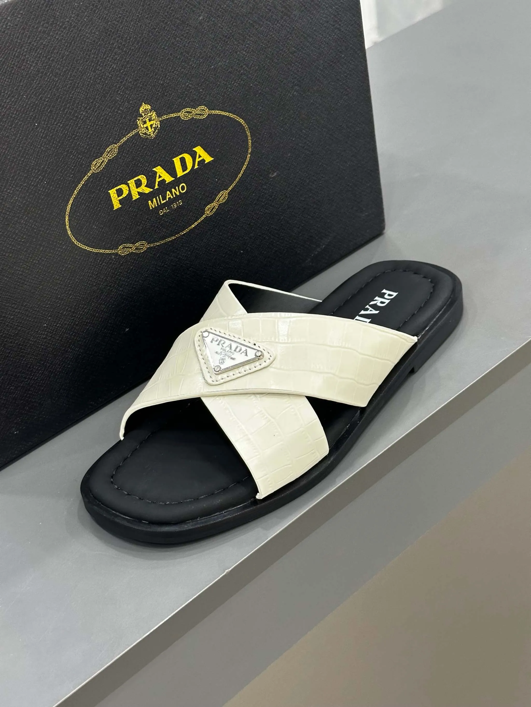 PRĄDA Marble White Crocodile Leather Crisscross Sandals