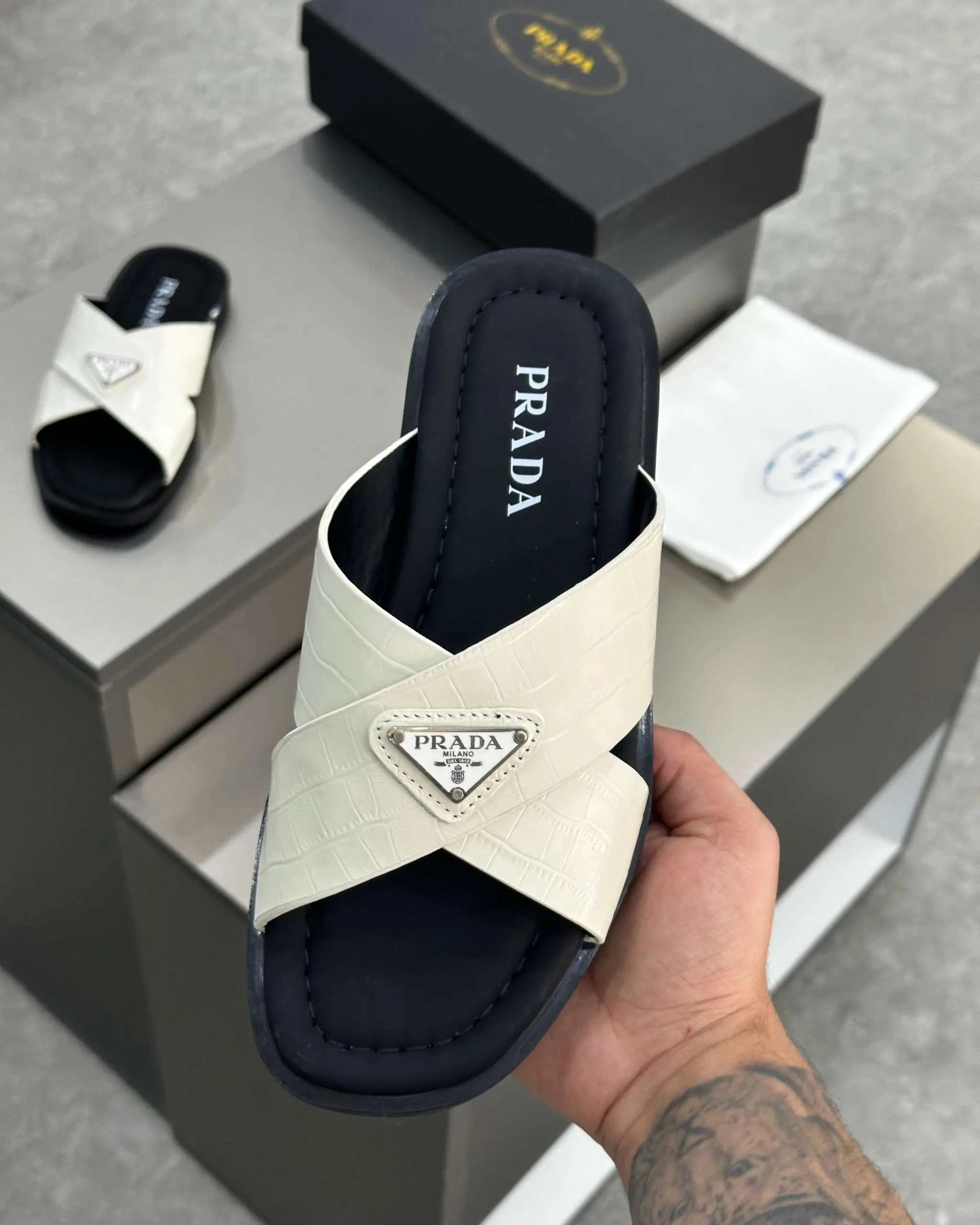 PRĄDA Marble White Crocodile Leather Crisscross Sandals