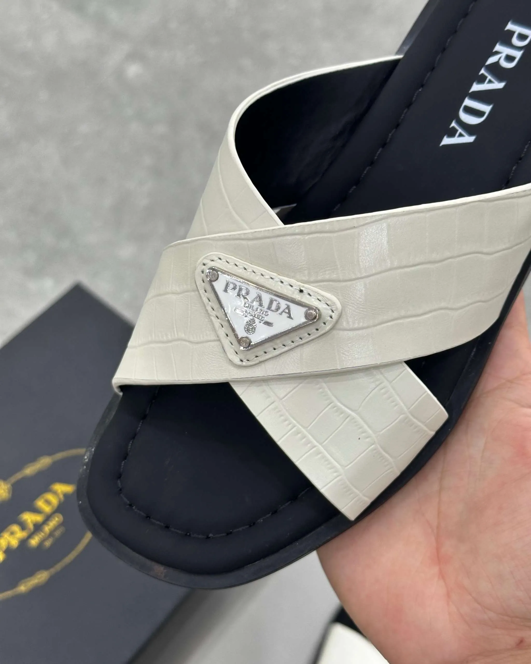PRĄDA Marble White Crocodile Leather Crisscross Sandals