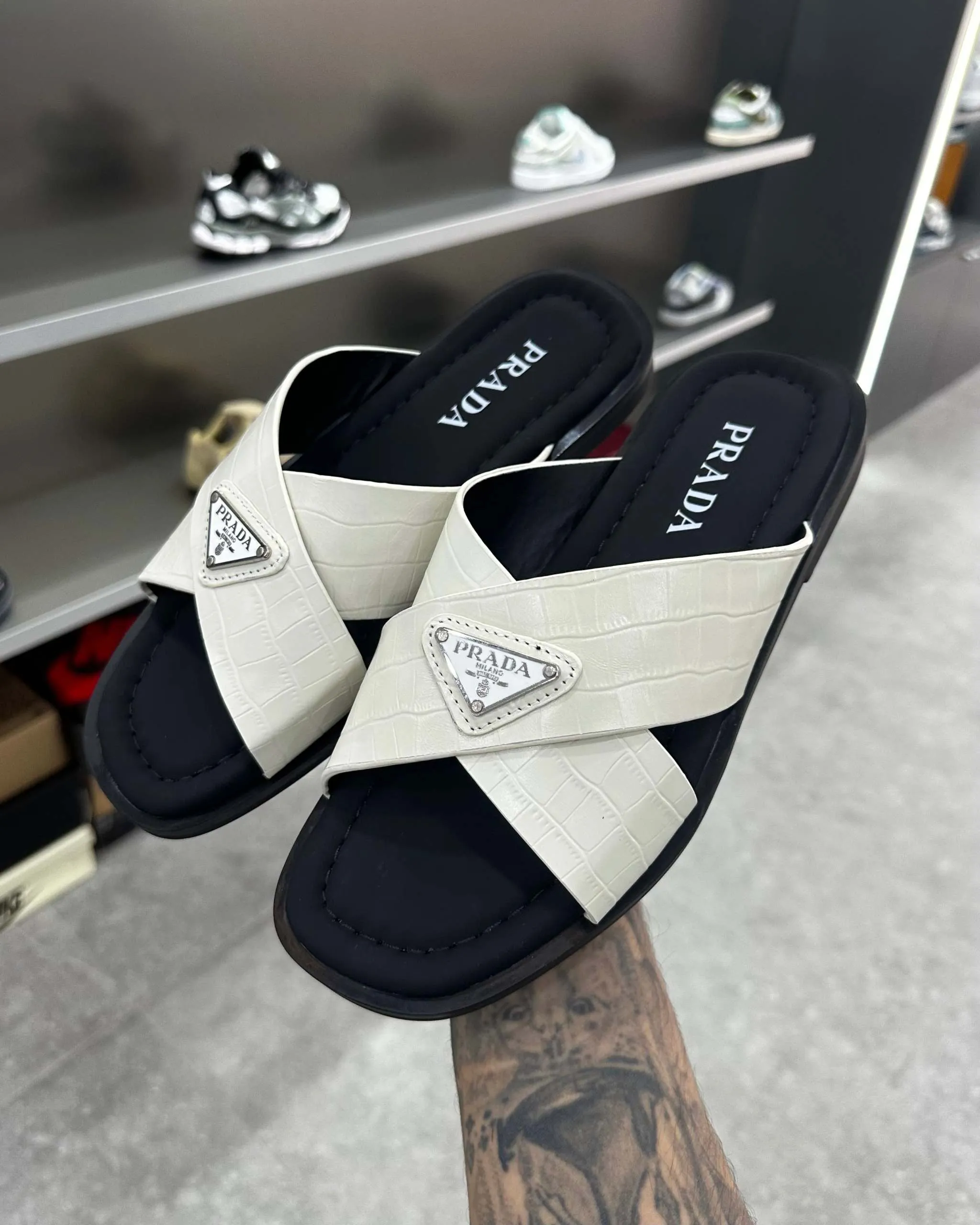 PRĄDA Marble White Crocodile Leather Crisscross Sandals