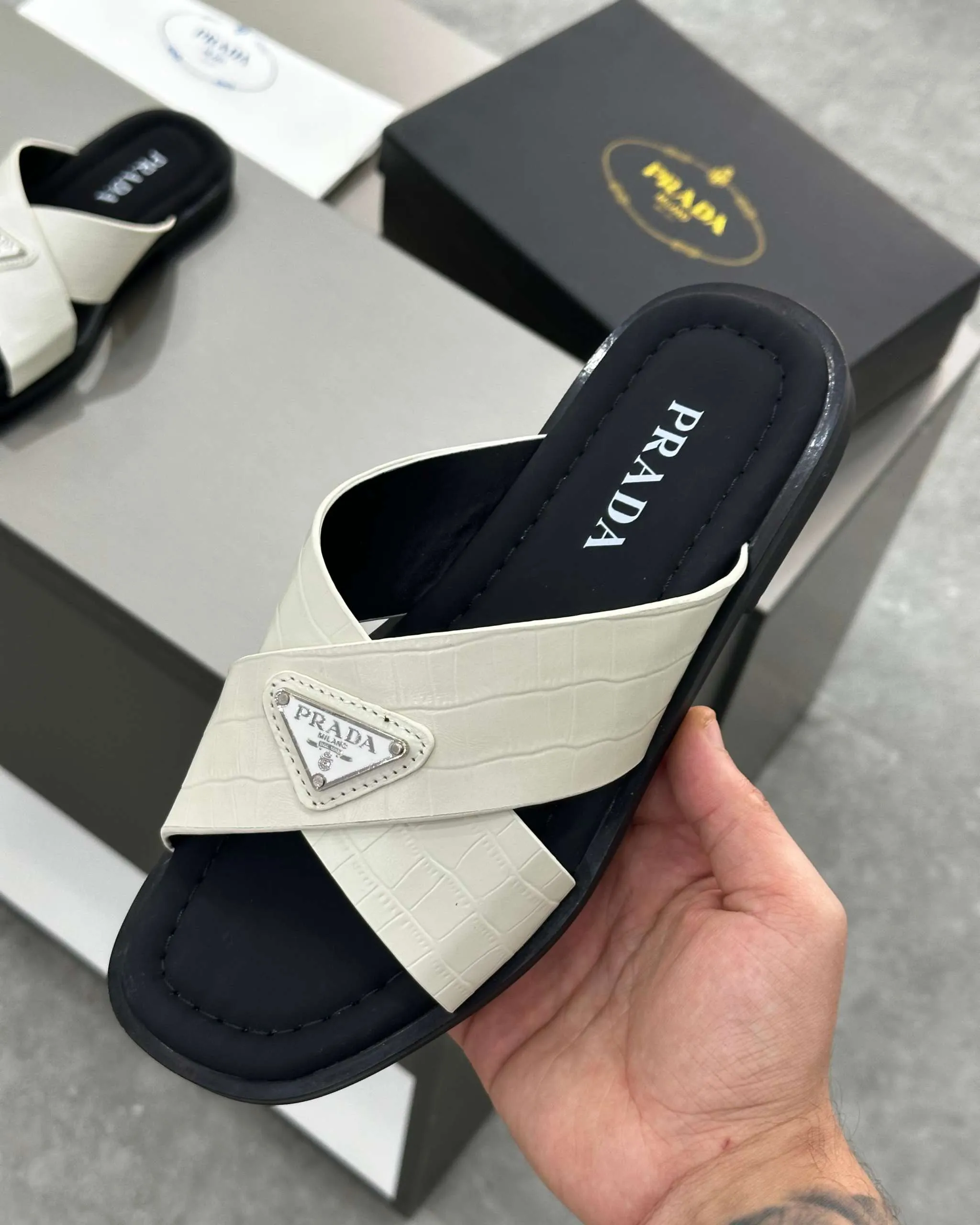 PRĄDA Marble White Crocodile Leather Crisscross Sandals