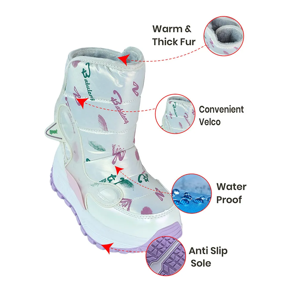 Printed Silver Waterproof Winter Snow Boots for Kids with Metal Cleats for Minus Degree Icy Terrains