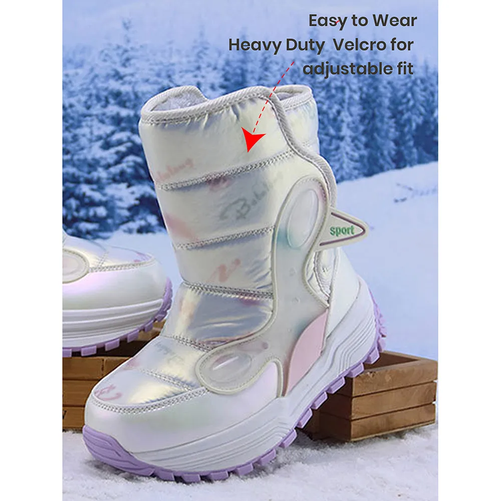 Printed Silver Waterproof Winter Snow Boots for Kids with Metal Cleats for Minus Degree Icy Terrains