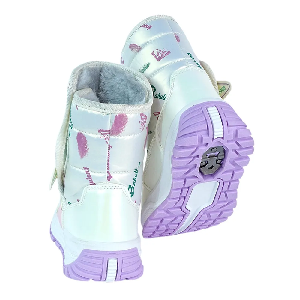 Printed Silver Waterproof Winter Snow Boots for Kids with Metal Cleats for Minus Degree Icy Terrains