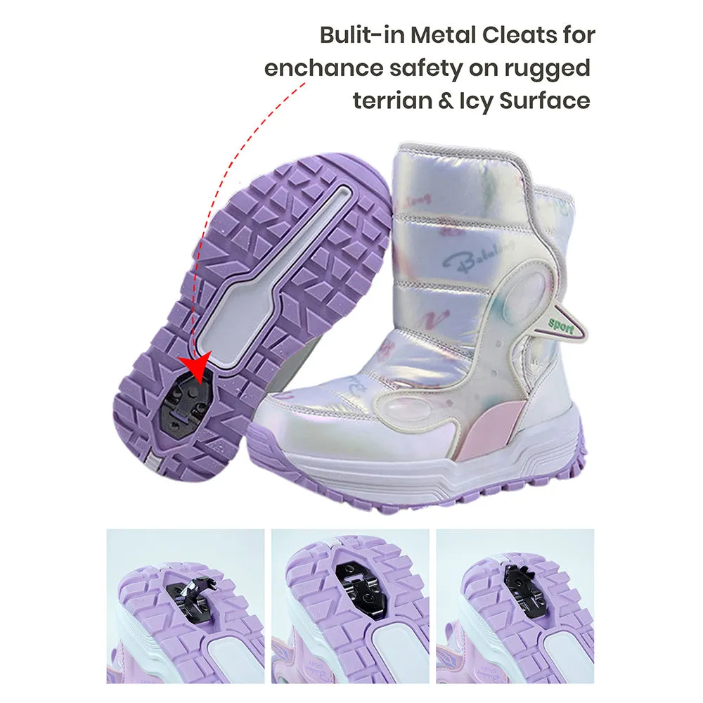 Printed Silver Waterproof Winter Snow Boots for Kids with Metal Cleats for Minus Degree Icy Terrains