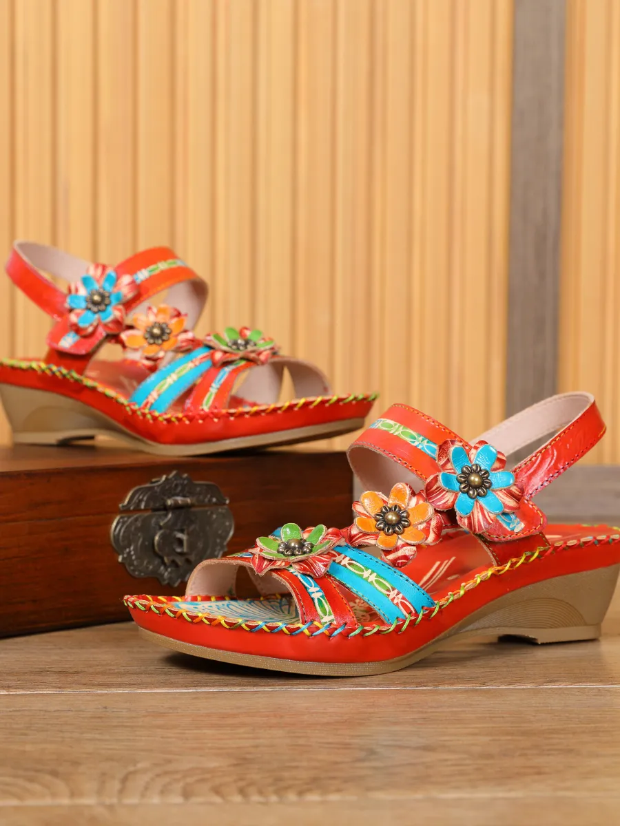 Red Floral Applique Genuine Leather Low Heel Sandals
