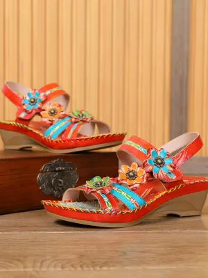 Red Floral Applique Genuine Leather Low Heel Sandals