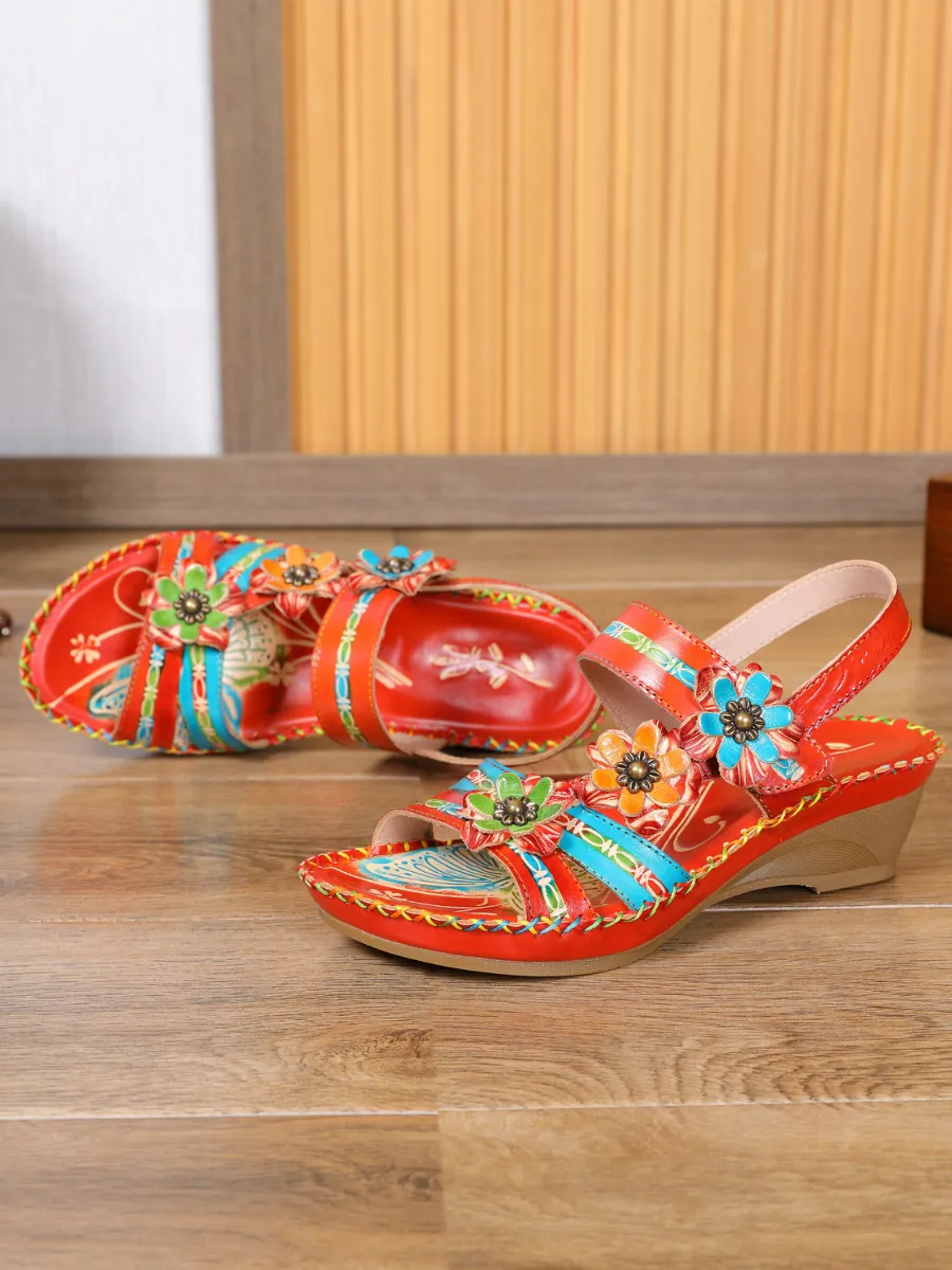Red Floral Applique Genuine Leather Low Heel Sandals