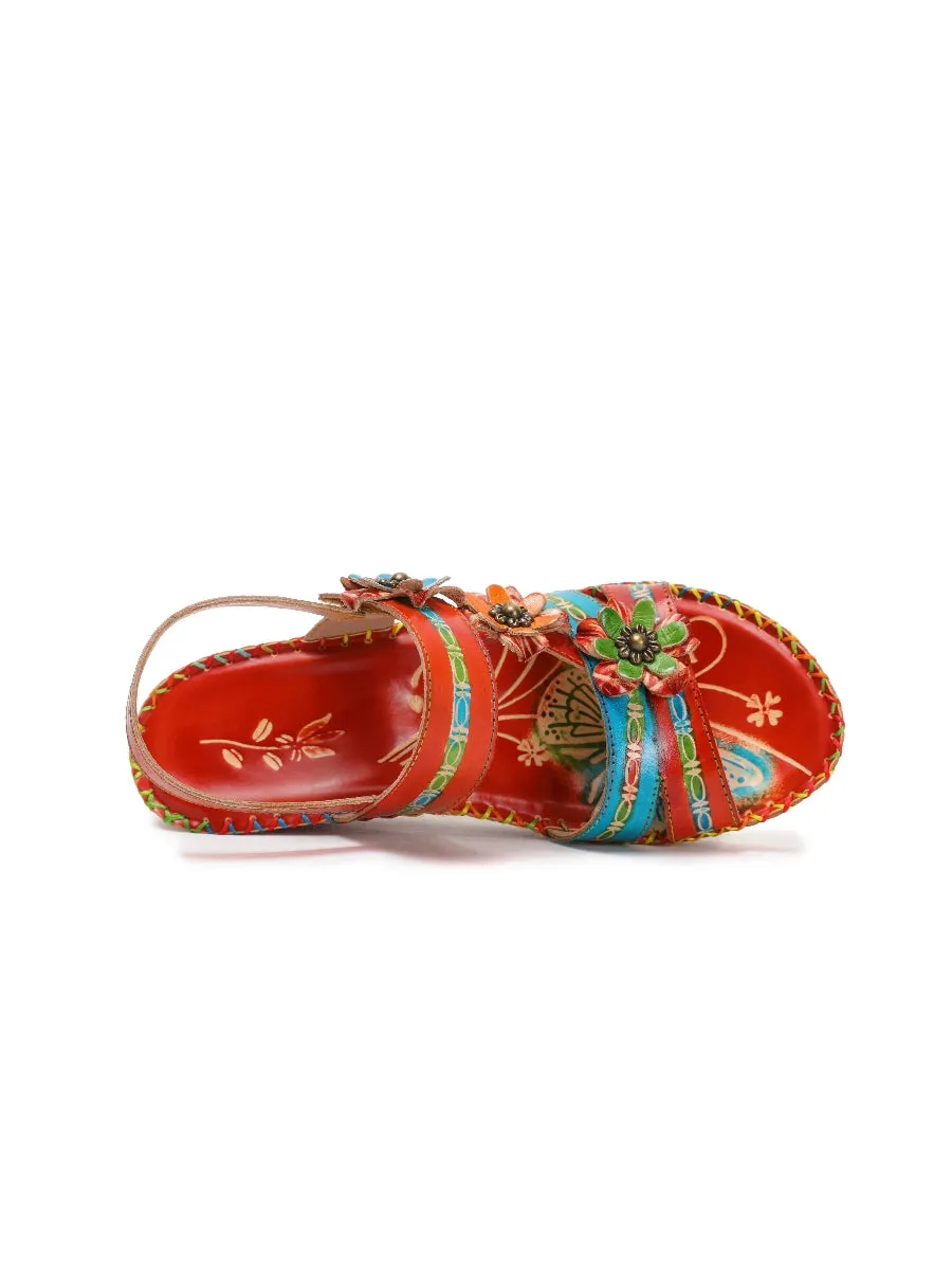 Red Floral Applique Genuine Leather Low Heel Sandals