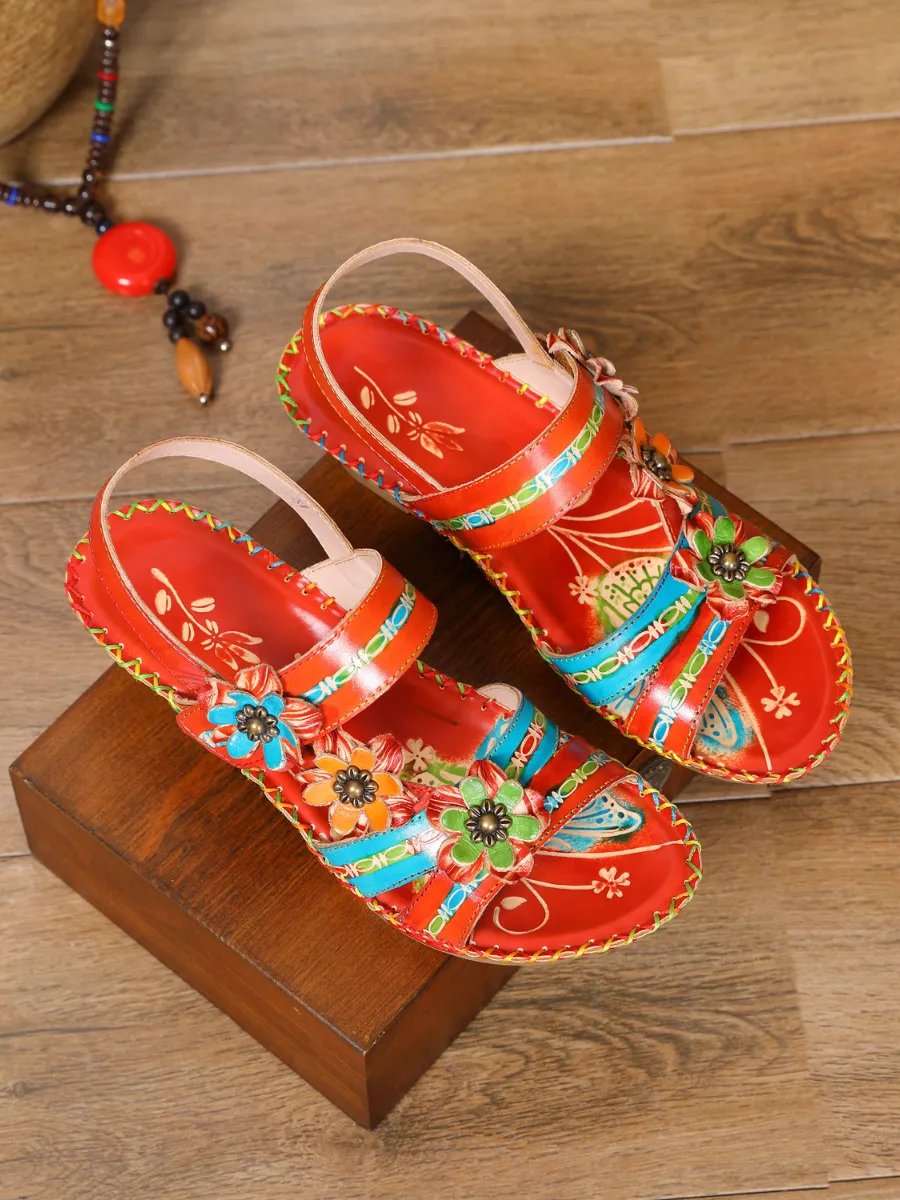 Red Floral Applique Genuine Leather Low Heel Sandals