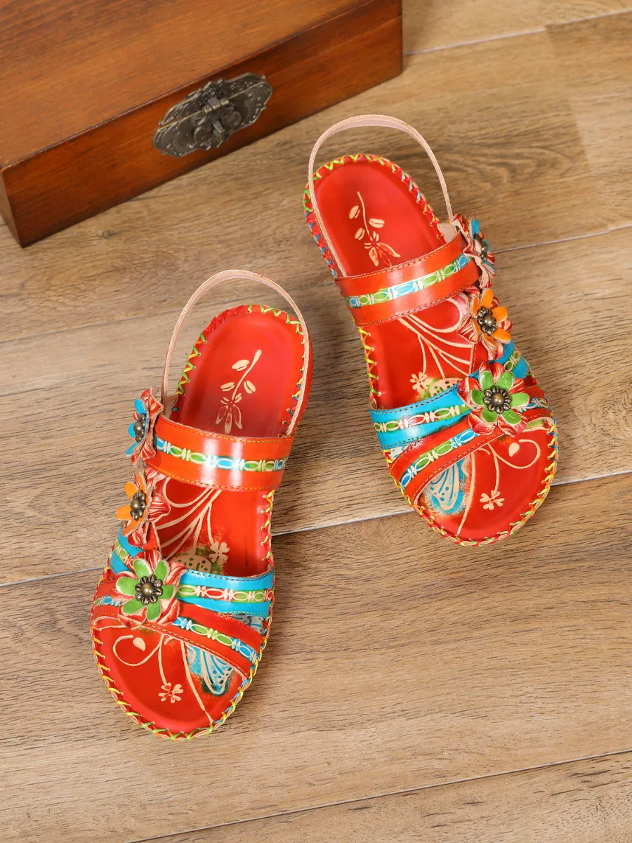 Red Floral Applique Genuine Leather Low Heel Sandals
