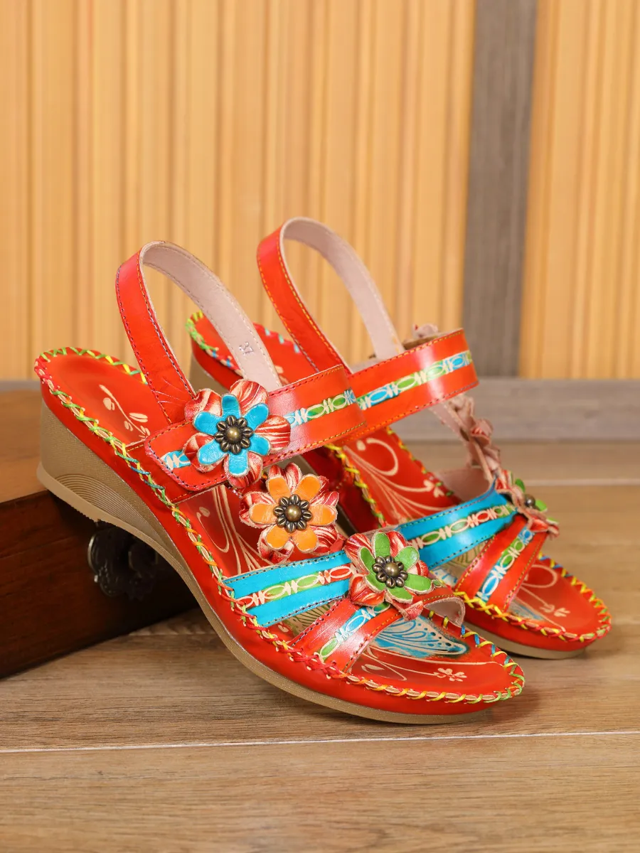 Red Floral Applique Genuine Leather Low Heel Sandals