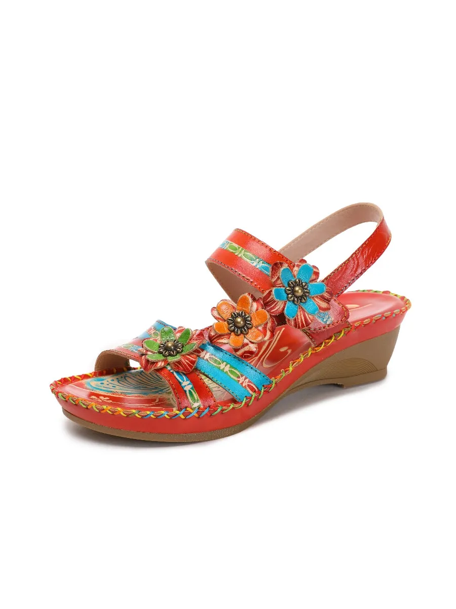 Red Floral Applique Genuine Leather Low Heel Sandals