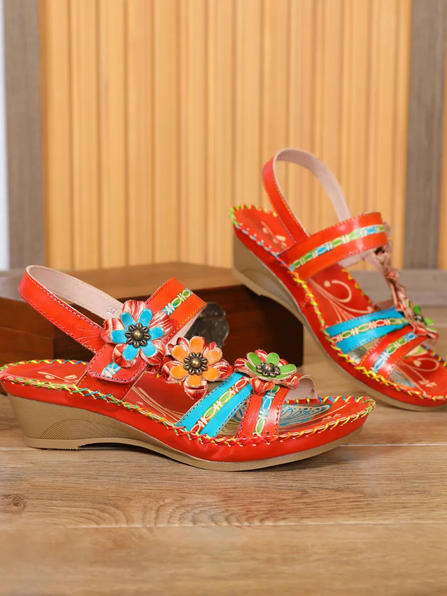 Red Floral Applique Genuine Leather Low Heel Sandals