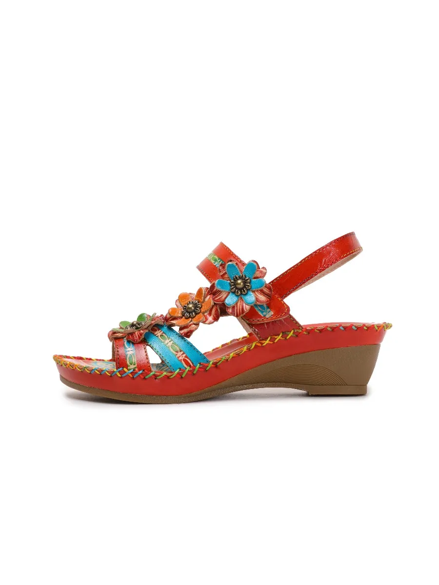Red Floral Applique Genuine Leather Low Heel Sandals
