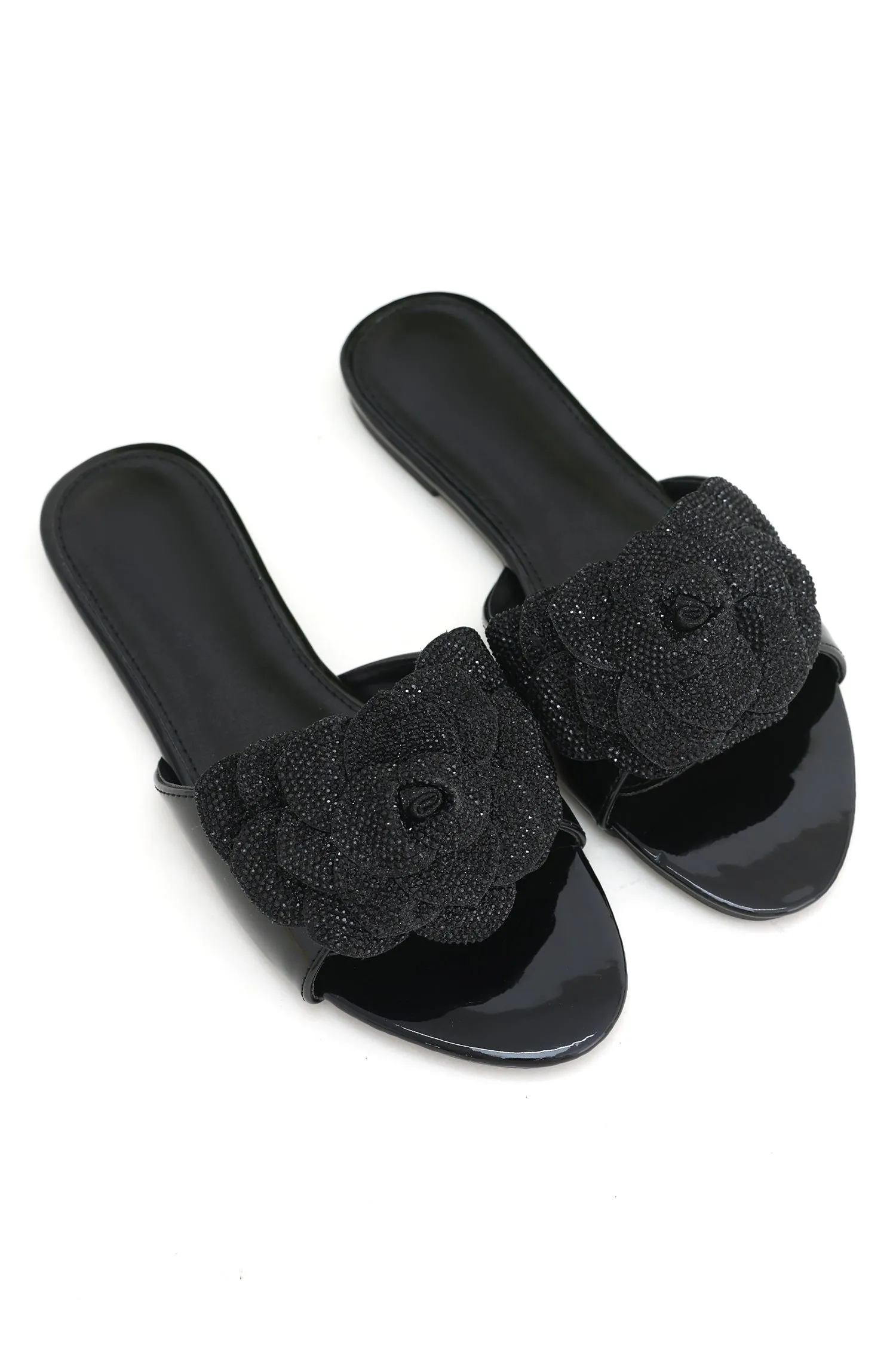 ROSE EMBELLISHED SLIDES-BLACK