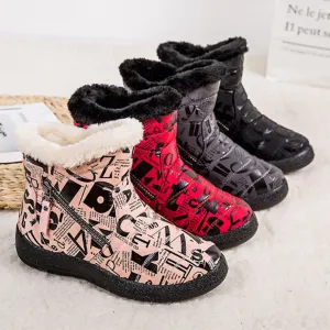 Round Toe Warm Lining Waterproof Cloth Zipper Ankle Snow Boots For Girls
