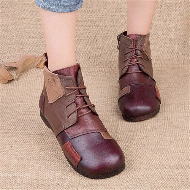 Snow boots female autumn and winter new 2019 retro lace round head rubber bottom color flat leather sole boots mother boots