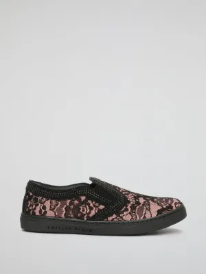 Studded Black Lace Slip-On Sneakers (Kids)