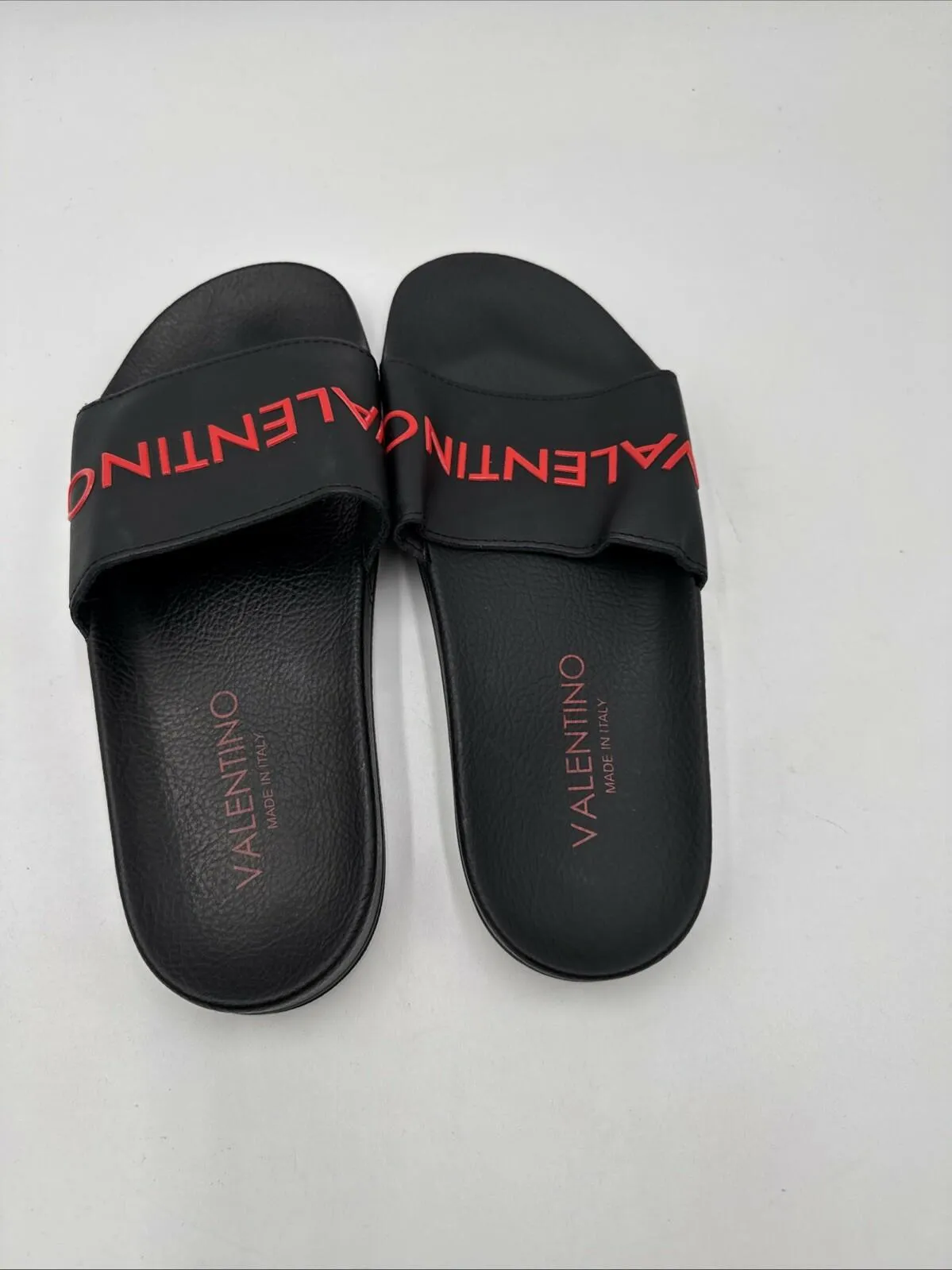 VALENTINO BY MARIO Black/Red Leather Logo Slide Sandals Men’s Size 7/40 - Very Good