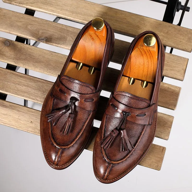Vintage Pointed Toe Tassel Slip-On Casual Leather Shoes