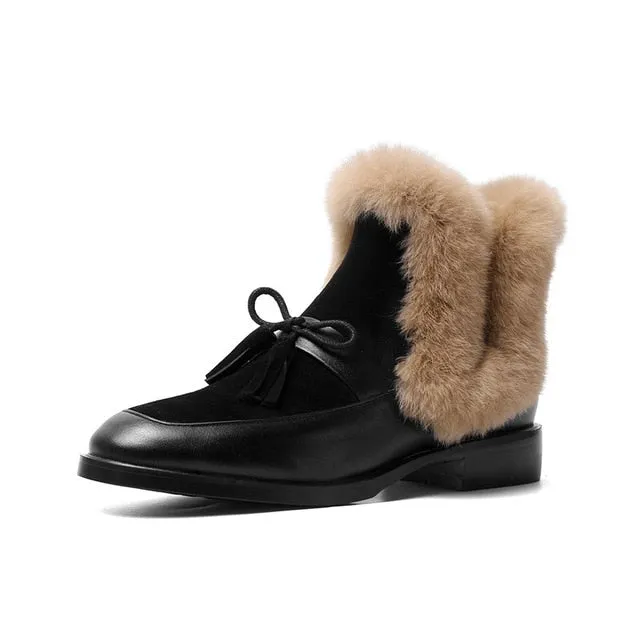 Women Genuine Leather Ankle Boots Butterfly-knot Casual Basic Shoes Woman New Autumn Winter Short Snow Boots