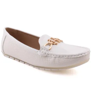 Women “ILESHA” Snake Texture  Patent Vamp Metallic Buckle Moccasin Shoes